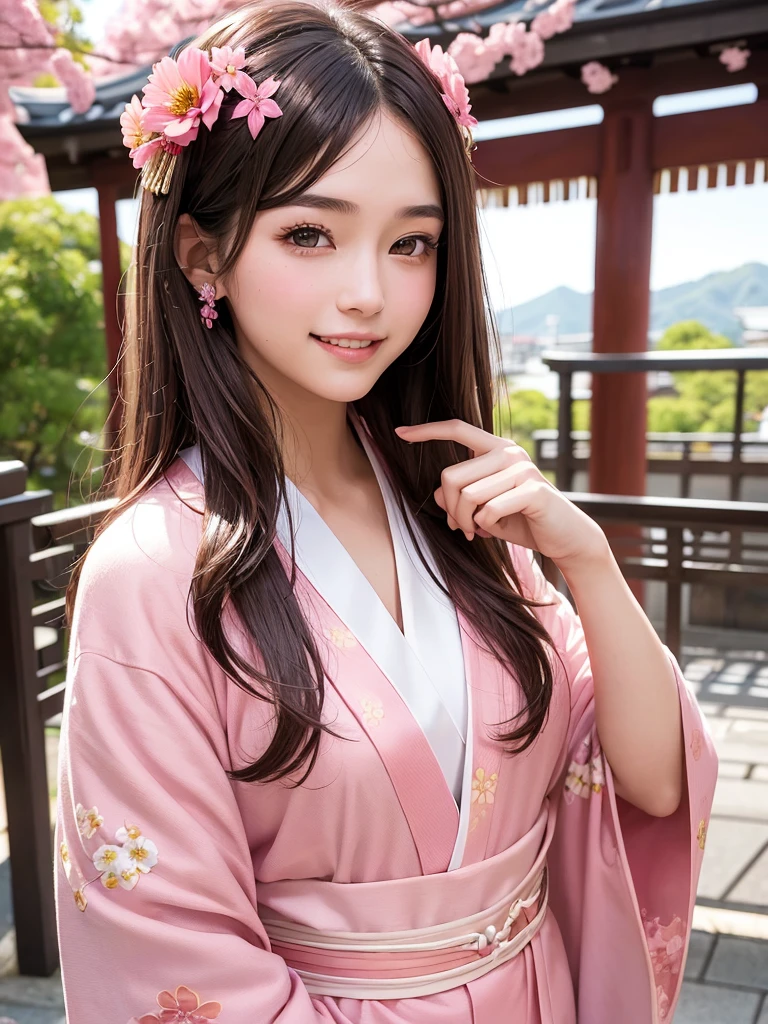 Female((18 years old)), hair((brown)), eyes((brown, smart eyes)), clothes((formal kimono, pink)),  smile, big , Japanese temple, flower petals, happy facial, open kimono, cleavage, 16k, japanese idol, reealistic 