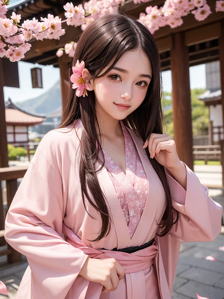Female((18 years old)), hair((brown)), eyes((brown, smart eyes)), clothes((formal kimono, pink)), smile, big , Japanese temple, flower petals, happy facial, open kimono, cleavage, 16k, japanese idol, reealistic