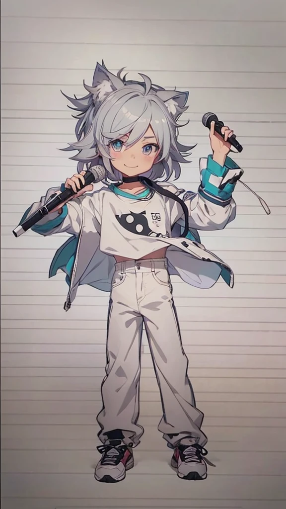 The boy has cat ears and a white shirt., Big smile , holding a microphone in hand , 2D anime style, Hero 2 d fanart artation, 2D anime, Full picture of the short story!, Anime style characters, As an anime character, High quality fan art, 2D style, Echoes from Overwatch, Detailed fan art, Male protagonist 👀 :8, in anime style, anime boy