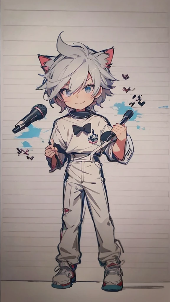 The boy has cat ears and a white shirt., Big smile , holding a microphone in hand , 2D anime style, Hero 2 d fanart artation, 2D anime, Full picture of the short story!, Anime style characters, As an anime character, High quality fan art, 2D style, Echoes from Overwatch, Detailed fan art, Male protagonist 👀 :8, in anime style, anime boy