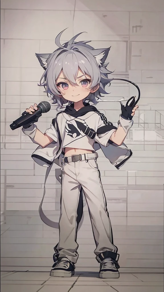 The boy has cat ears and a white shirt., Big smile , holding a microphone in hand , 2D anime style, Hero 2 d fanart artation, 2D anime, Full picture of the short story!, Anime style characters, As an anime character, High quality fan art, 2D style, Echoes from Overwatch, Detailed fan art, Male protagonist 👀 :8, in anime style, anime boy