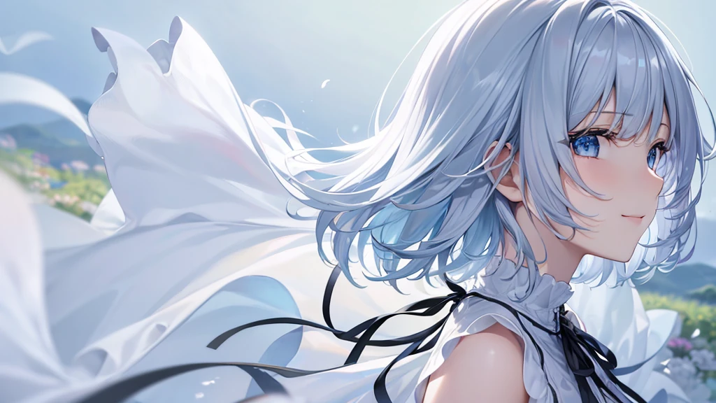 Ultra HD,Look at the viewers, Put your hands behind your back, With a girl, 20-year-old, 非常にShort Hair, Long bangs between the eyes, Pale blue eyes, Very detailed,(masterpiece、Highest quality),Gray Hair、Laughter、Fantastic, Silver Hair, Iris, Short hair、 Fluttering Hair、Small Face、明るいsmile、(Detailed face) ,Professional Lighting,Wonderful landscape,blue sky, sunlight,Looking down from above,Portraiture、Open your mouth、Flower Field、Her eyes were shining、Mysterious and enchanting atmosphere。With AI Painting、とてもShort Hair, Long bangs between the eyes, Very detailed,(masterpiece、Highest quality)、alone、Gray Hair、Fantasy, Silver Hair, Fantasyな風景、White shirt、smile、Open your mouth、short hair、Short Hair、hairpin、black eye、Grey Eyes、Beautiful Eyes、
