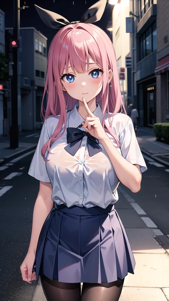 nodokaharamura, nodoka haramura, blue eyes, hair bow, long hair, pink hair, bow, BREAK blue skirt, kiyosumi , pleated skirt,serafuku, skirt, BREAK looking at viewer, BREAK indoors, city,night,neon lights,rain,wet road,reflections BREAK (masterpiece:1.2), best quality, high resolution, unity 8k wallpaper, (illustration:0.8), (beautiful detailed eyes:1.6), extremely detailed face, perfect lighting, extremely detailed CG, (perfect hands, perfect anatomy),black pantyhose,pantyhose,standing in street,skinny fit,upper body shot, wet uniform,no bra,nipples,tits see through,from above.