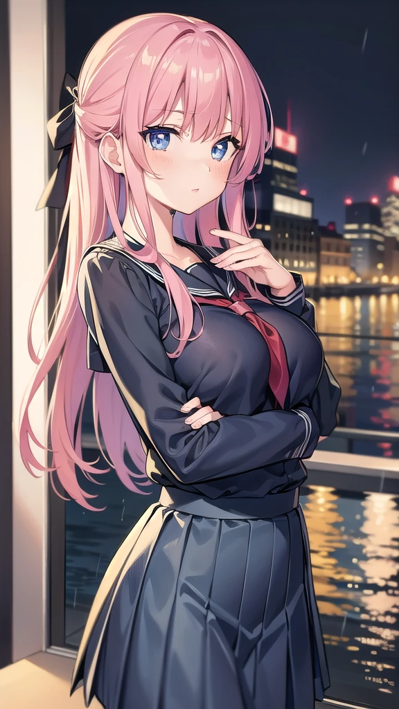 nodokaharamura, nodoka haramura, blue eyes, hair bow, long hair, pink hair, bow, BREAK blue skirt, kiyosumi , pleated skirt,serafuku, skirt, BREAK looking at viewer, BREAK indoors, city,night,neon lights,rain,wet road,reflections BREAK (masterpiece:1.2), best quality, high resolution, unity 8k wallpaper, (illustration:0.8), (beautiful detailed eyes:1.6), extremely detailed face, perfect lighting, extremely detailed CG, (perfect hands, perfect anatomy),black pantyhose,pantyhose,standing in street,skinny fit,upper body shot, wet uniform,no bra,nipples,tits see through,from above.