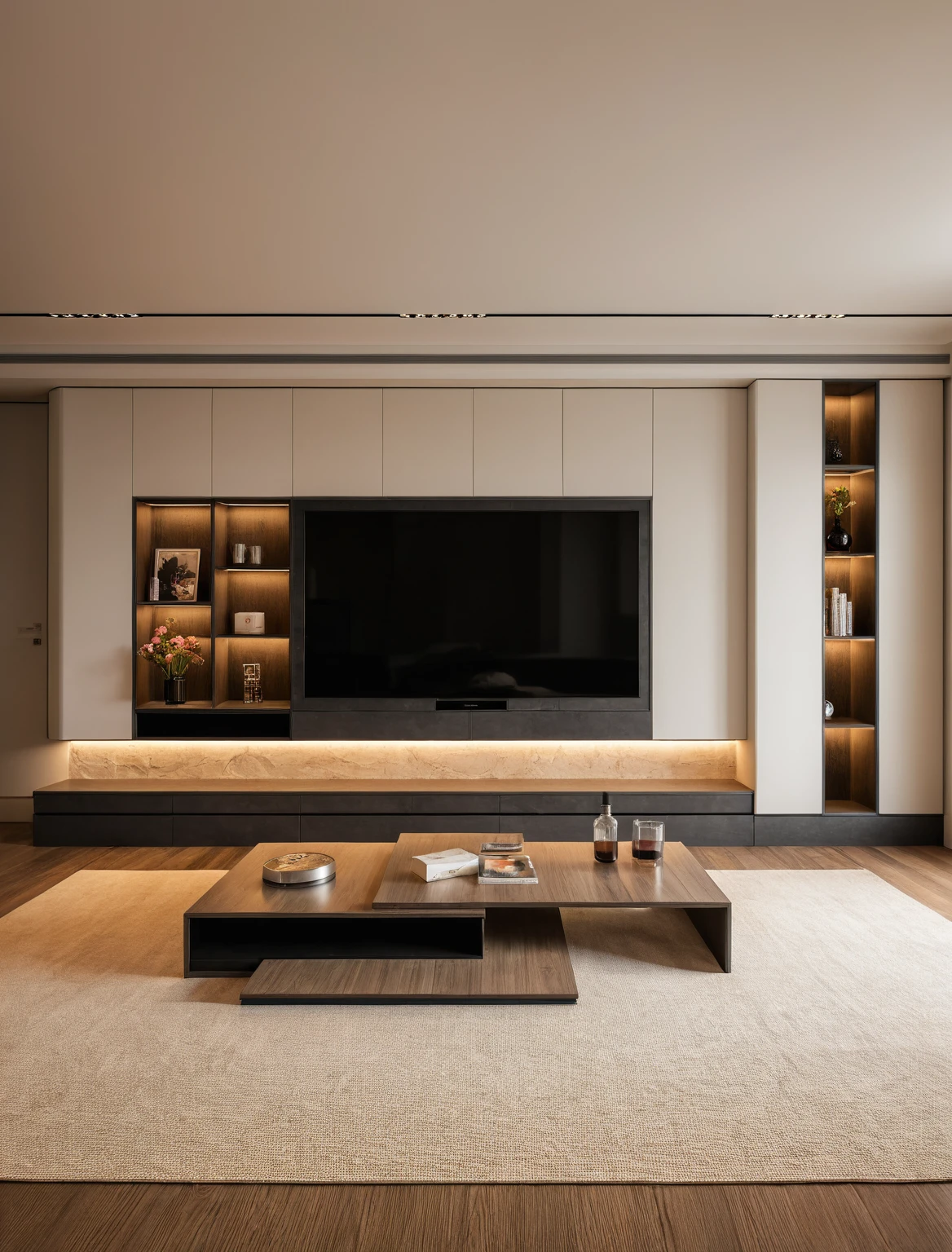 Raw photo,Masterpiece, high quality, best quality, authentic, super detail, interior , sunset, daylight, living room style Modern luxury, TV cabinet, TV, decorative cabinet, books, flower vases, bottles, tea table, tray, wine bottle, open book, carpet, wooden floor, curve, ((colour block))