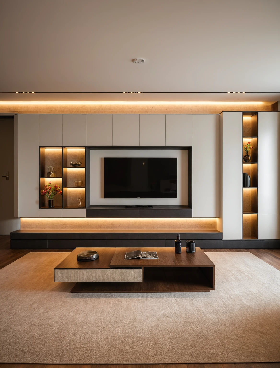 Raw photo,Masterpiece, high quality, best quality, authentic, super detail, interior , sunset, daylight, living room style Modern luxury, TV cabinet, TV, decorative cabinet, books, flower vases, bottles, tea table, tray, wine bottle, open book, carpet, wooden floor, curve, ((colour block))