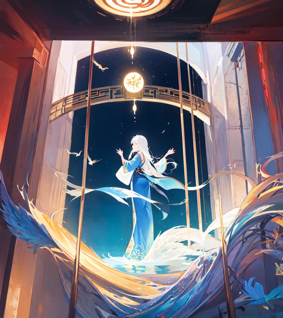 A beautiful Chinese girl standing on the water, misty reflection, a huge phoenix divine bird in the sky, magic, fantasy, dynamic posture, composed of colorful glowing flames, delicate face, delicate eyes, long black and golden hair, wearing amber and sky blue Hanfu, delicate and intricate patterns, ink painting, golden bronzing, epic composition, soft shadows, Clean sharp focus, cinematography, center composition, poster design, masterpiece, exthera aura, film photography, Panorama, 32K --v 6