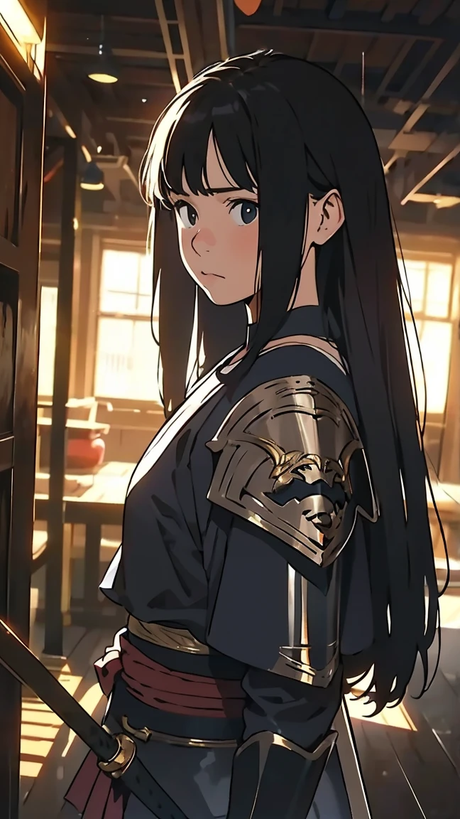 Beautiful girl wearing kendo armor,Serious look,The dojo is filled with light,