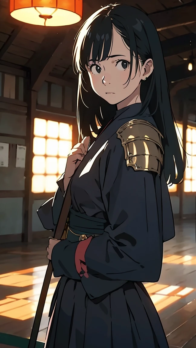Beautiful girl wearing kendo armor,Serious look,The dojo is filled with light,