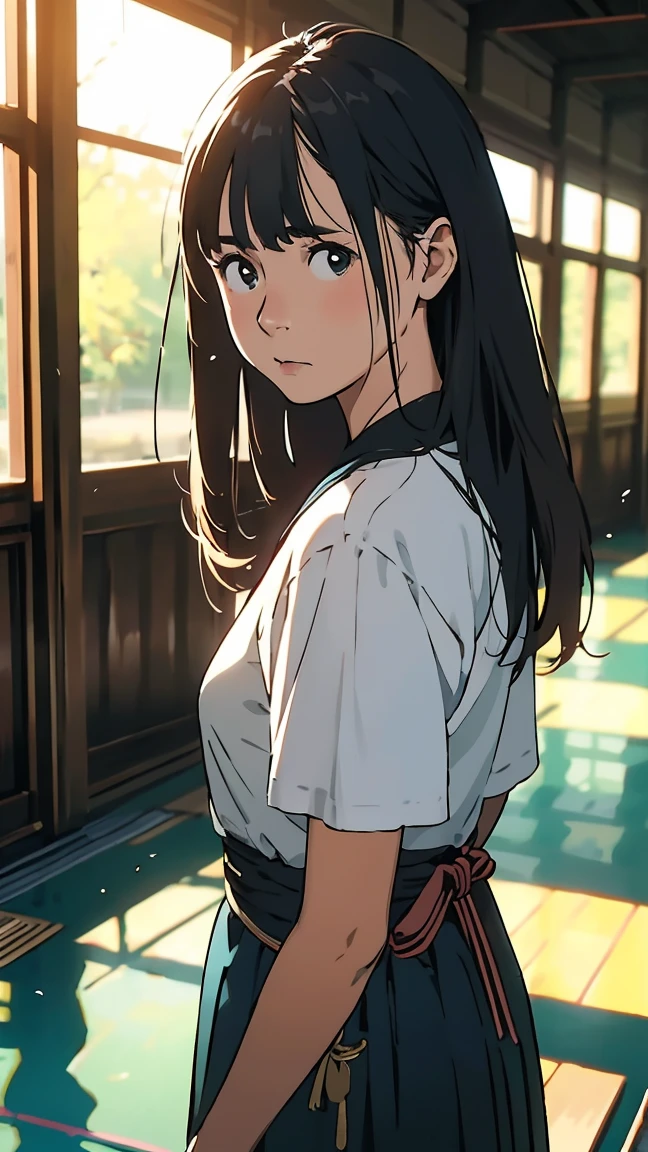 Beautiful girl wearing kendo armor,Serious look,The dojo is filled with light,