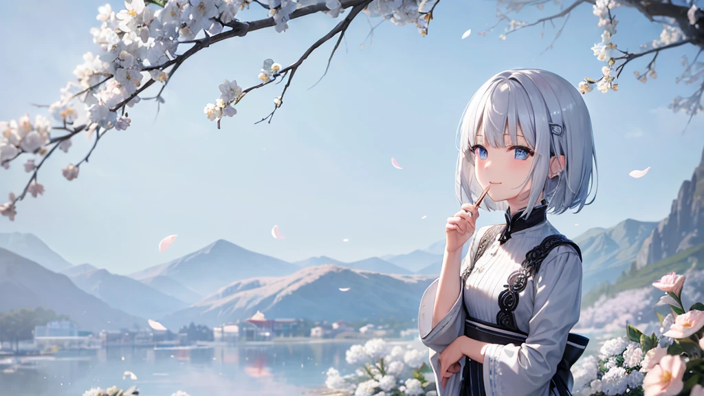 Ultra HD,Look at the viewers, Put your hands behind your back, With a girl, 20-year-old, 非常にShort Hair, Long bangs between the eyes, Pale blue eyes, Very detailed,(masterpiece、Highest quality),Gray Hair、Laughter、Fantastic, Silver Hair, Iris, Short hair、 Fluttering Hair、Small Face、明るいsmile、(Detailed face) ,Professional Lighting,Wonderful landscape,blue sky, sunlight,Looking down from above,Portraiture、Open your mouth、Flower Field、Her eyes were shining、Mysterious and enchanting atmosphere。With AI Painting、とてもShort Hair, Long bangs between the eyes, Very detailed,(masterpiece、Highest quality)、alone、Gray Hair、Fantasy, Silver Hair, Fantasyな風景、White shirt、smile、Open your mouth、short hair、Short Hair、hairpin、black eye、Grey Eyes、Beautiful Eyes、