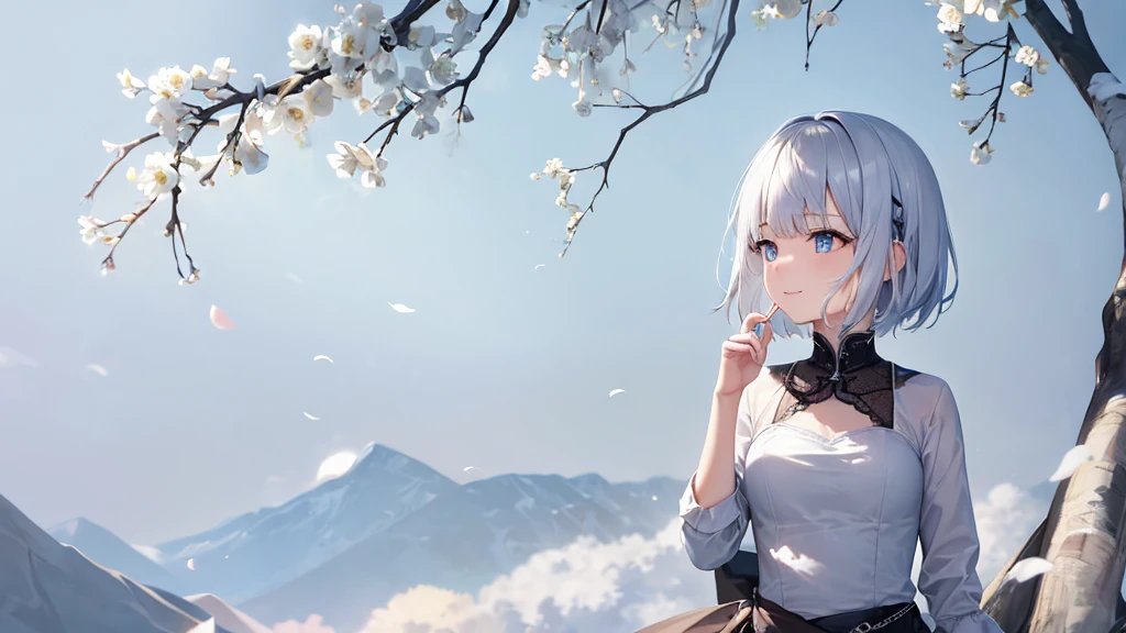 Ultra HD,Look at the viewers, Put your hands behind your back, With a girl, 20-year-old, 非常にShort Hair, Long bangs between the eyes, Pale blue eyes,  Very detailed,(masterpiece、Highest quality),Gray Hair、Laughter、Fantastic, Silver Hair, Iris,  Short hair、 Fluttering Hair、Small Face、明るいsmile、(Detailed face) ,Professional Lighting,Wonderful landscape,blue sky, sunlight,Looking down from above,Portraiture、Open your mouth、Flower Field、Her eyes were shining、Mysterious and enchanting atmosphere。With AI Painting、とてもShort Hair, Long bangs between the eyes, Very detailed,(masterpiece、Highest quality)、alone、Gray Hair、Fantasy, Silver Hair, Fantasyな風景、White shirt、smile、Open your mouth、short hair、Short Hair、hairpin、black eye、Grey Eyes、Beautiful Eyes、