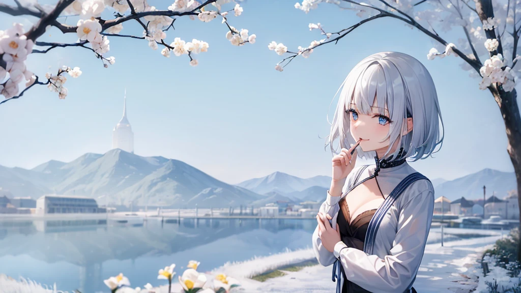 Ultra HD,Look at the viewers, Put your hands behind your back, With a girl, 20-year-old, 非常にShort Hair, Long bangs between the eyes, Pale blue eyes,  Very detailed,(masterpiece、Highest quality),Gray Hair、Laughter、Fantastic, Silver Hair, Iris,  Short hair、 Fluttering Hair、Small Face、明るいsmile、(Detailed face) ,Professional Lighting,Wonderful landscape,blue sky, sunlight,Looking down from above,Portraiture、Open your mouth、Flower Field、Her eyes were shining、Mysterious and enchanting atmosphere。With AI Painting、とてもShort Hair, Long bangs between the eyes, Very detailed,(masterpiece、Highest quality)、alone、Gray Hair、Fantasy, Silver Hair, Fantasyな風景、White shirt、smile、Open your mouth、short hair、Short Hair、hairpin、black eye、Grey Eyes、Beautiful Eyes、
