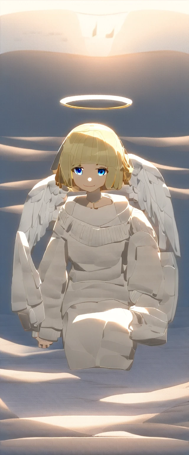 ((angel, big big white wings:1.3, halo:1.3)), (((full body))), ((flying)), Uriel, ((wavy hair, outward curled hair)), beach, sea, evening, Sunset, ((blond hair, bob cut:1.3)), breasts, ager, (looking at viewer), oversized clothes, puffy long sleeves, collarbone, ((off-shoulder sweater dress:1.3, Quite thick shoulder straps)), (((sleeves past wrists:1.3))), ((white sweater)), collarbone, head tilt:1.3, (((blue eyes))), ((happy smile)), (((anime style))), (best quality, 4K, 8K, highres, masterpiece:1.2, ultra-detailed, ultra-detailed eyes, HDR, uhd, studio lighting, ultra-fine painting, sharp focus, physically-based rendering, extreme detail description, professional, vivid colors, bokeh), ((Highest quality, Best image quality, Ultra-high resolution, Ultra-high resolution, solo, Strong eye highlights)), Depth of written boundary, Natural soft light, attractive, Beautiful Face, Cleanliness, Pure Face, medium chest, Beautiful Face, Perfect Fingers, Perfect hands, Perfect body, Perfect Face, Shine a light into your eyes, Perfect Anatomy