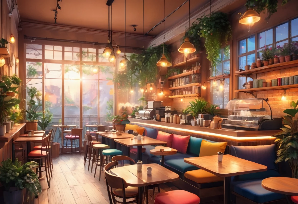 Anime Style, The interior of the coffee shop is painted with exquisite detail and vibrant colors.. Delicate steam rising from hot cappuccino coffee on the table, The seats are fitted with soft, colorful cushions, Lots of potted plants, Create a cozy and inviting atmosphere. Soft lighting casts a warm, beautiful glow over the dreamy scene, It&#39;s evening, An ideal place to relax and escape from reality. (Prompts B and C) Anime Style coffee shop interior, Steaming hot coffee on the table, Creating a cozy space, Beautiful and dreamy atmosphere. (High resolution, 8K) Super detailed anime illustration of a coffee shop interior, Display a hot cup of coffee on a table, Create a warm and cozy atmosphere