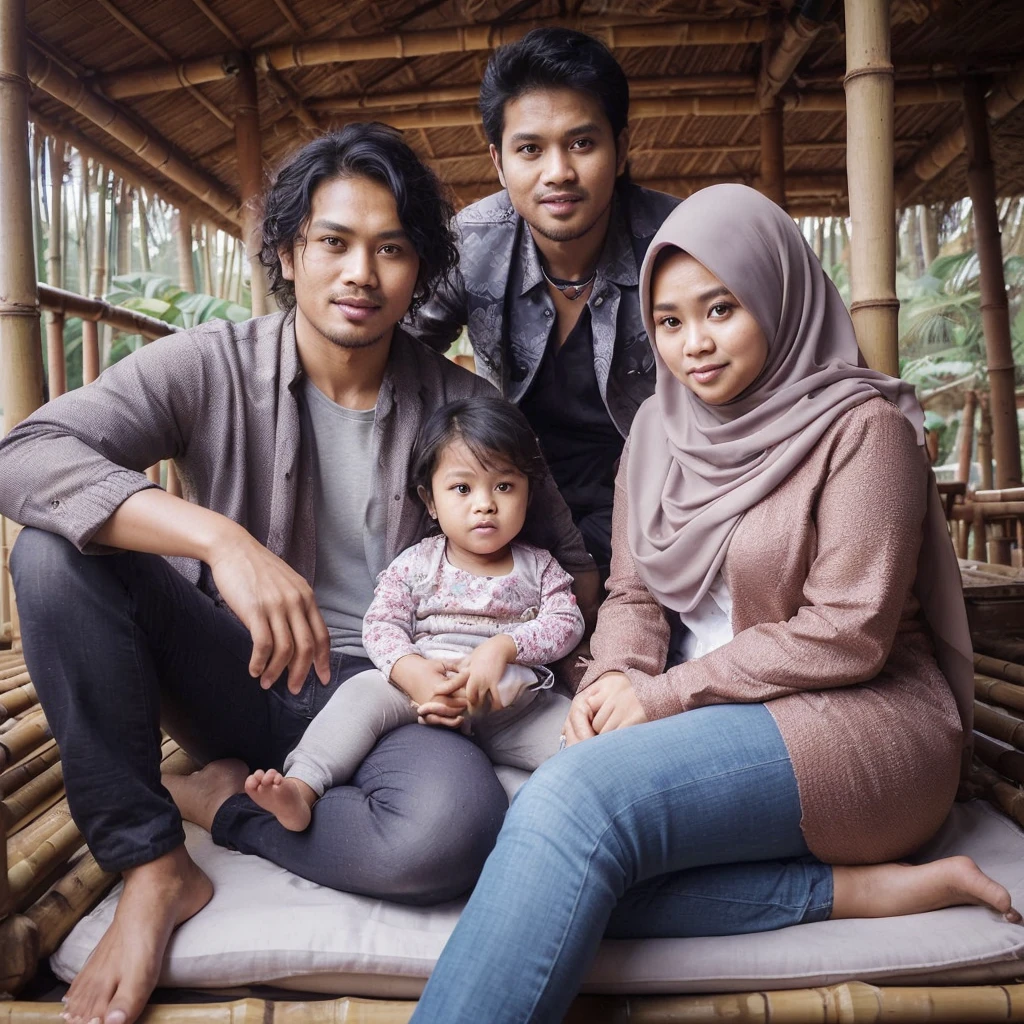 A picture of an Indonesian family consisting of 4 people. A handsome 30-year-old Indonesian man with layered hair is sitting next to a beautiful chubby woman wearing a hijab. They are relaxing on a bamboo stage. Nearby, there is a 2-year-old baby girl playing with a 25-year-old man with slightly curly hair. The background is cool and breezy.