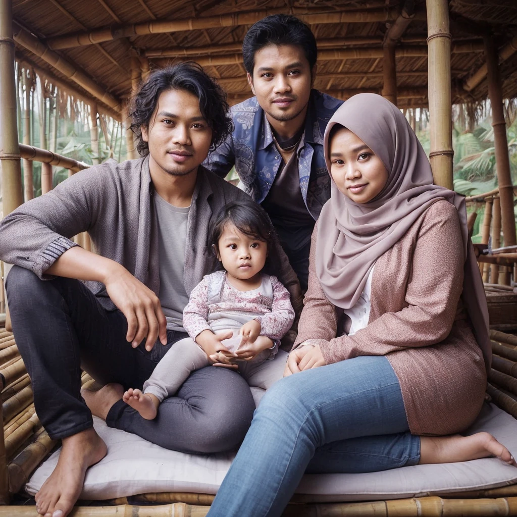 A picture of an Indonesian family consisting of 4 people. A handsome 30-year-old Indonesian man with layered hair is sitting next to a beautiful chubby woman wearing a hijab. They are relaxing on a bamboo stage. Nearby, there is a 2-year-old baby girl playing with a 25-year-old man with slightly curly hair. The background is cool and breezy.