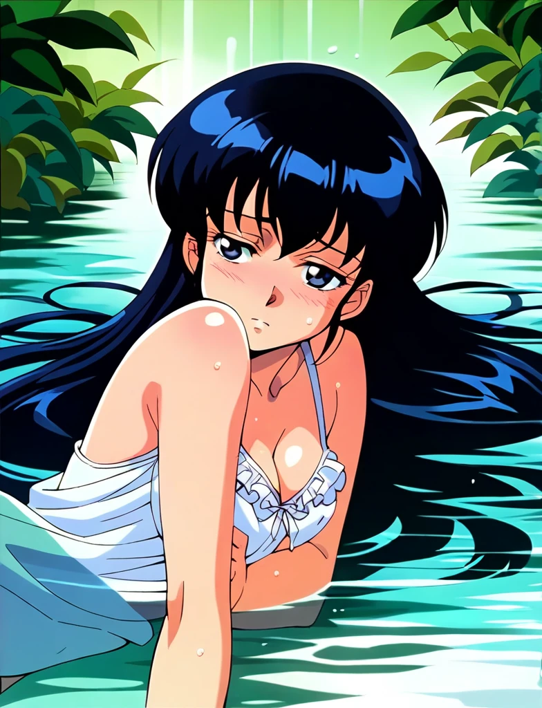 ,Kyoko,score_9,score_8_superior,score_7_superior,sauce_anime,One girl,alone,View your viewers,soaked,downpour,in the forest,negligee、濡れたnegligee、Panties、Lying down,Sad face,:d,arms_behind_return,
