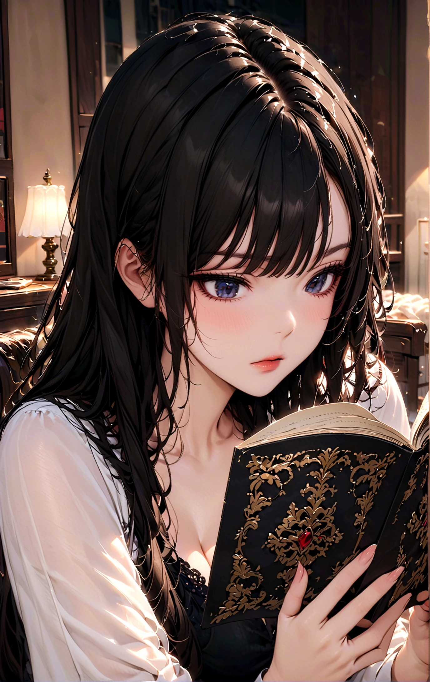 Long hair，Black Hair，beauty，((Reading)),Sexy