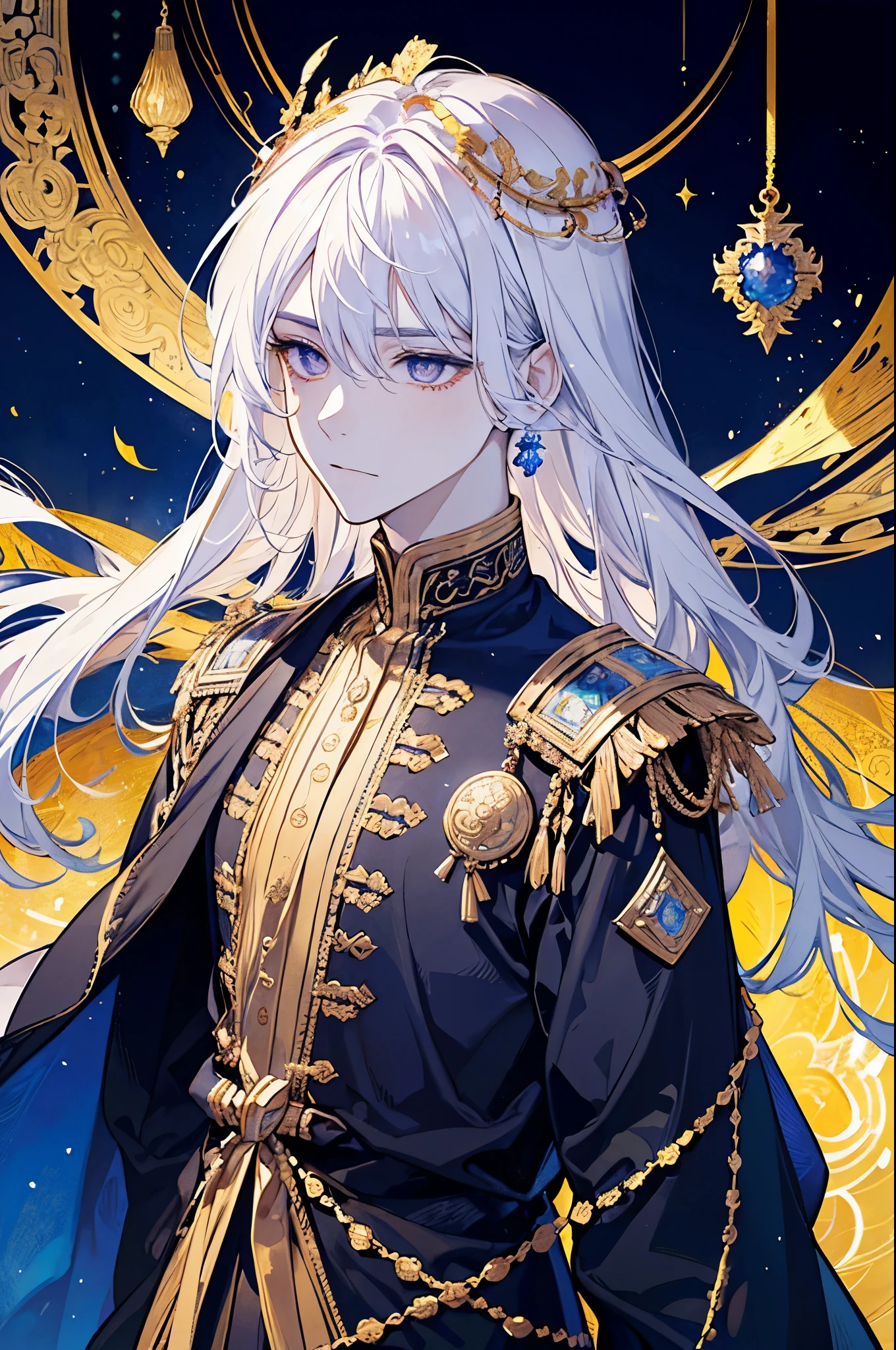 Create a highly detailed and majestic image of A Deity, God, White hair, White Eyes, White Pupil, the supreme ruler of the deities. He should be depicted as a powerful, radiant figure exuding an aura of divine authority. Indra has a tall, imposing stature with a commanding presence. His skin glows with an ethereal light, and his eyes are luminous, reflecting ancient wisdom and immense power.
He wears a magnificent, golden crown adorned with intricate celestial patterns and glowing jewels. His long, flowing hair is dark and seems to shimmer with light. Indra's attire is elaborate, consisting of flowing robes made of shimmering, otherworldly fabric that looks like it's woven from pure light. The robes are decorated with celestial symbols and intricate designs that signify his supreme status.
In his hand, Indra holds a glowing staff or scepter that radiates a brilliant light, symbolizing his control over cosmic forces. Surrounding him is a celestial backdrop featuring swirling galaxies, twinkling, 8K high quality, ultra defined, masterpiece, Golden Armor, Man, Strong, Celestial being, ultra high quality, masterpiece