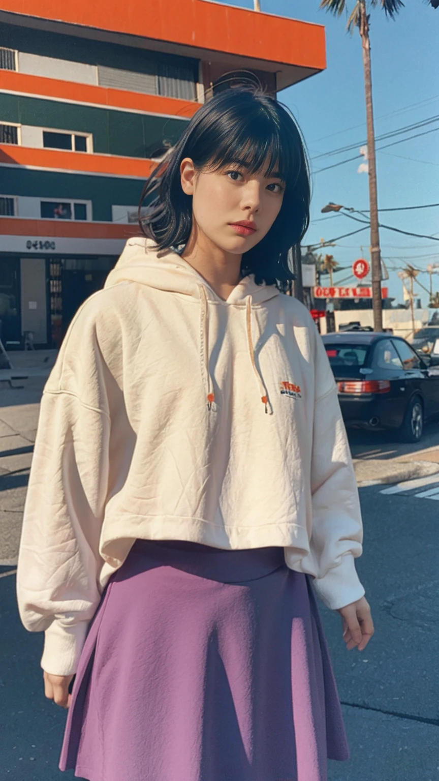 Fujifilm XT3,serious expression,1 girl,close up photo, wear ((orange oversized hoodie)), wear ((purple tennis skirt)),looking front,Best Quality,Masterpiece,Ultra High Resolution,(Realisticity:1.4),Original Photo, 1Girl, light leak,ultra high resolution,UHD,beautiful, black bob hair, almond eye, no makeup, in front of (80's mondrian architecture motel), (realistic:1.2), (surreal:1.3), (very detailed:1.1), ((masterpiece)),summer, blue sky, palm trees,sunny, los angles vibes