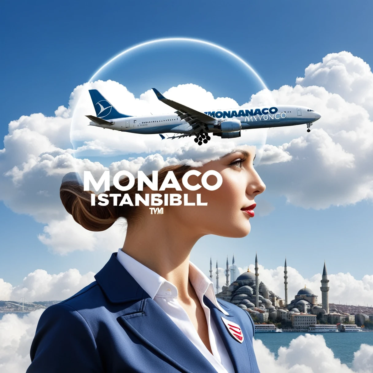 dvr-wwyt, stewardess, airplane, double exposure, (("Monacco - Istanbul")) Text logo, clouds