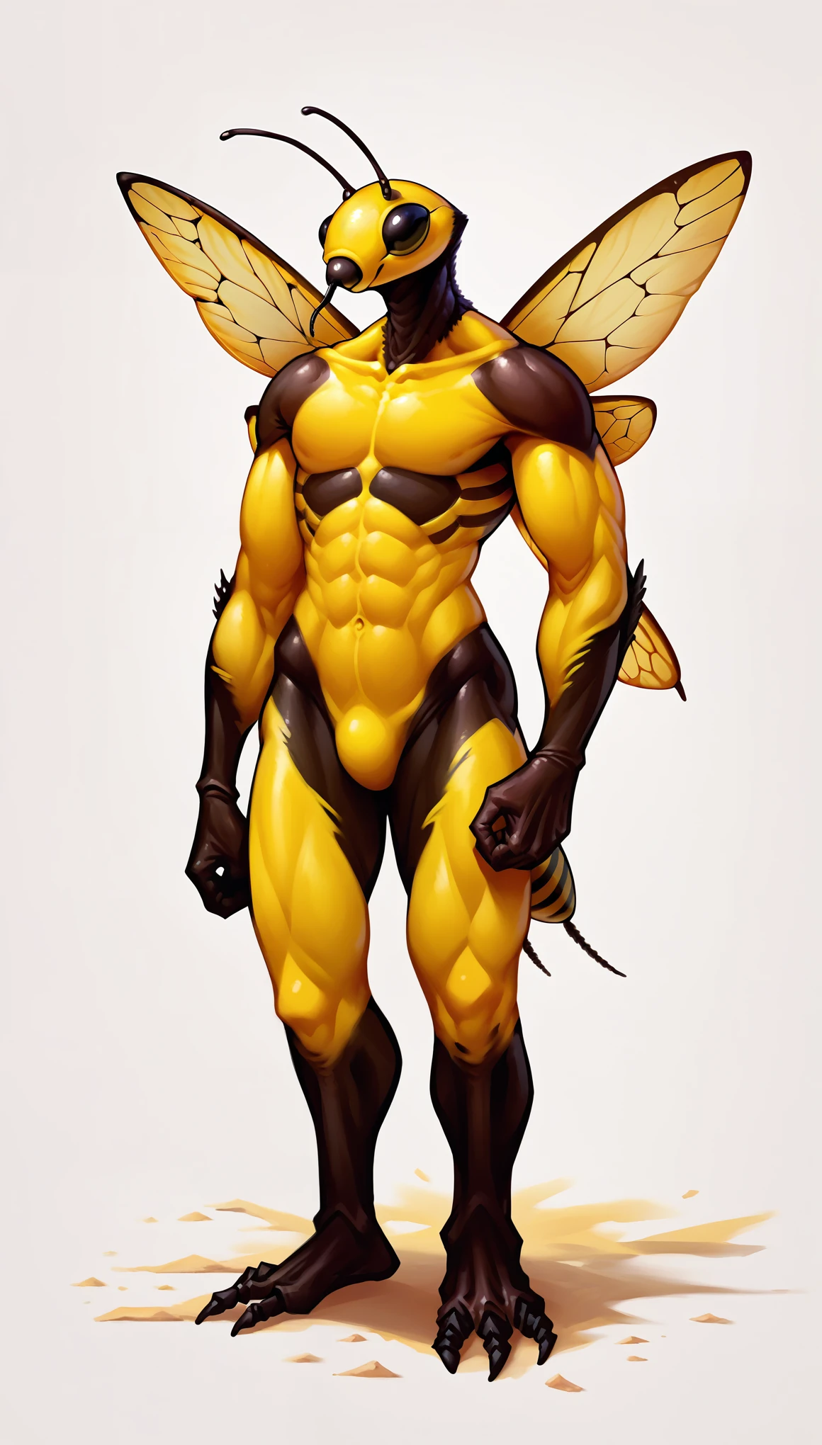 score_9, score_8_up, score_7_up, (clear simple background, white background, papyrus background), ((SFW:1.5))
 ((Hornet, wasp:1.5)), _young, anthro, solo, (male), (fullbody, muscular body, body_scars, focus), (hands_upwasp wings, wasp sting), beautiful, (Dressed:1.5)