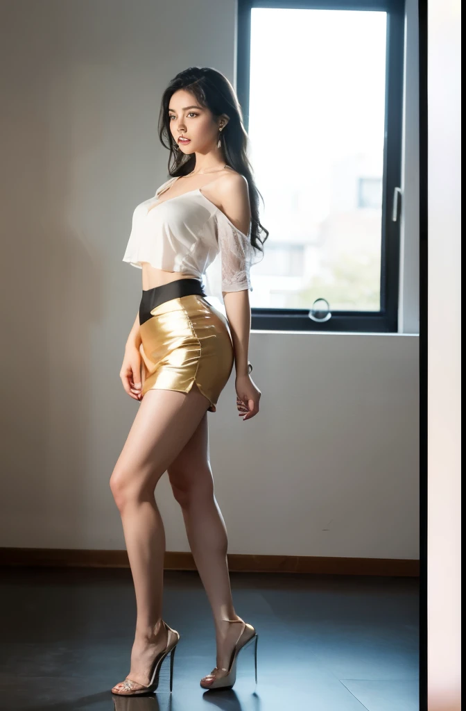 (masterpiece:1.3), (8 thousand, realistic, RAW photos, best quality: 1.4), (1 woman),(sheer silk blouse), (short skirt), (양쪽 다리에  realistic 팬티 스타킹), (Wearing high heels on both feet), (full body shot), (standing), (Beautiful makeover), (very beautiful body) , (Realistic and very beautiful face), (long eyelashes), (double eyelid), (Realistic, delicate and very beautiful eyes), (big bust) , (Strong body through exercise), (beautiful abs), (Beautiful heaps), (tall), (such a beautiful body),  (black hair. parted, long hair:1.3), (아름다운 parted스타일), (realistic and beautiful skin), (absurd), (attractive), (ultra high resolution), (extremely realistic), (very detailed), (golden ratio), (Two long, realistic and beautiful legs), (realistic 팔), (necklace), (earring),(beautiful nails manicure), (So beautiful and sexy), (perfect secretary look)