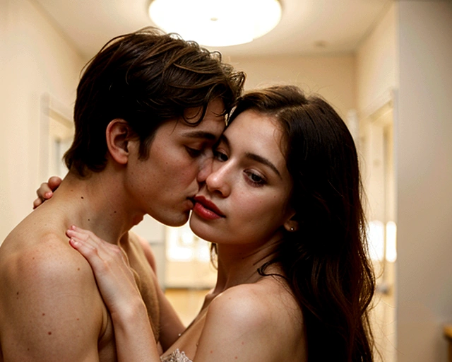 Languid kiss between a mysterious young man and an innocent young woman, authoritarian man, demanding kiss, language, saliva ,her back,