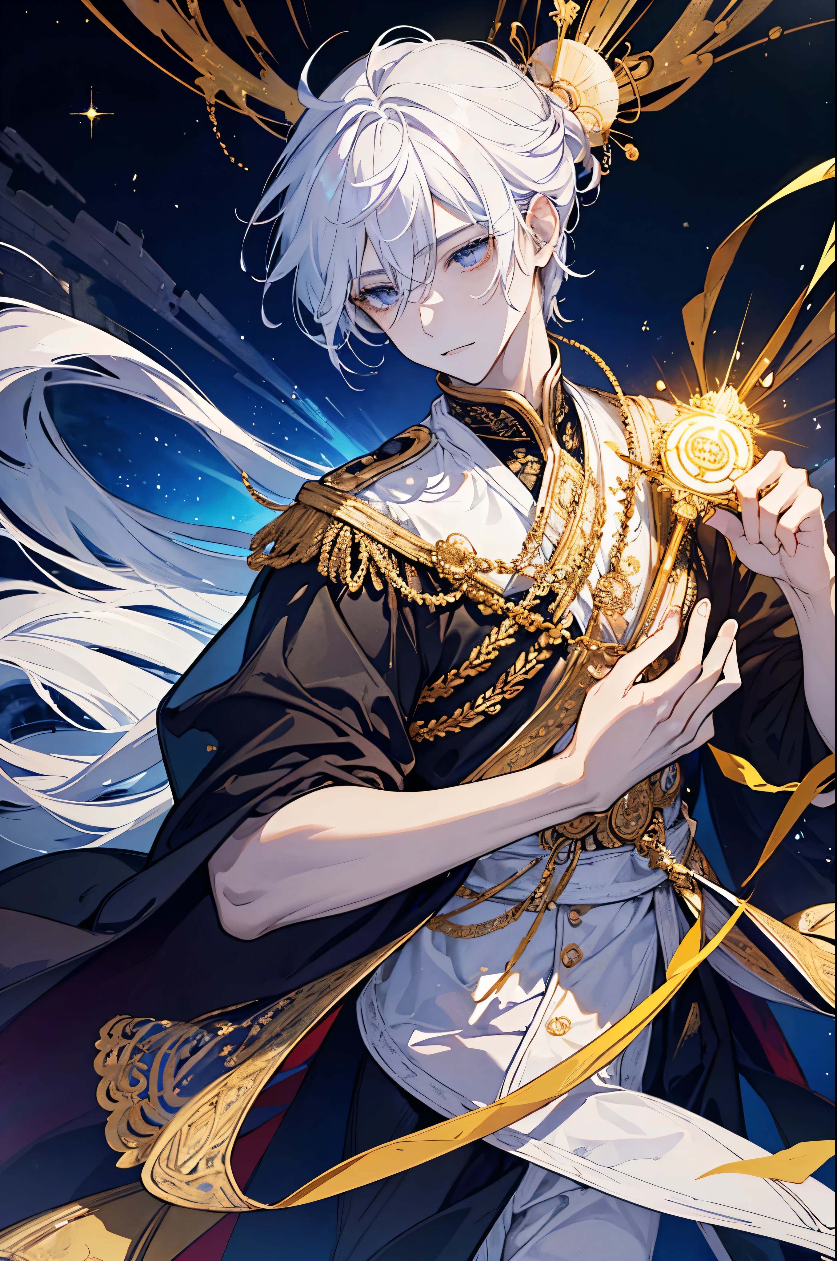 Man, Boy, Boy in late 20s, Man, BOY Create a highly detailed and majestic image of A Deity, God, White hair, White Eyes, White Pupil, the supreme ruler of the deities. He should be depicted as a powerful, radiant figure exuding an aura of divine authority. Indra has a tall, imposing stature with a commanding presence. His skin glows with an ethereal light, and his eyes are luminous, reflecting ancient wisdom and immense power. He wears a magnificent, golden crown adorned with intricate celestial patterns and glowing jewels. His long, flowing hair is dark and seems to shimmer with light. Indra's attire is elaborate, consisting of flowing robes made of shimmering, otherworldly fabric that looks like it's woven from pure light. The robes are decorated with celestial symbols and intricate designs that signify his supreme status. In his hand, Indra holds a glowing staff or scepter that radiates a brilliant light, symbolizing his control over cosmic forces. Surrounding him is a celestial backdrop featuring swirling galaxies, twinkling, 8K high quality, ultra defined, masterpiece, Golden Armor, Man, Strong, Celestial being, ultra high quality, masterpiece
