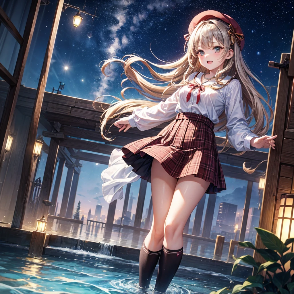 Red, brown, gold, gold hair、Golden Eyes、Hair tied up、One good looking girl、solo、anime、Checkered mini skirt、Ruffles on the skirt、Checked dress、blouse、school uniform、Black knee-high socks、Wearing a baseball cap、Ribbon、Ribbon on waist、Teeth are visible、Silver coin necklace、From above、Cobblestones、waterfall、Starry Sky、Midnight Moon、suspension bridge、Soap bubbles are flying、beam、ripple、Rocks floating in water、Crab walking、Standing still、Eight Towers