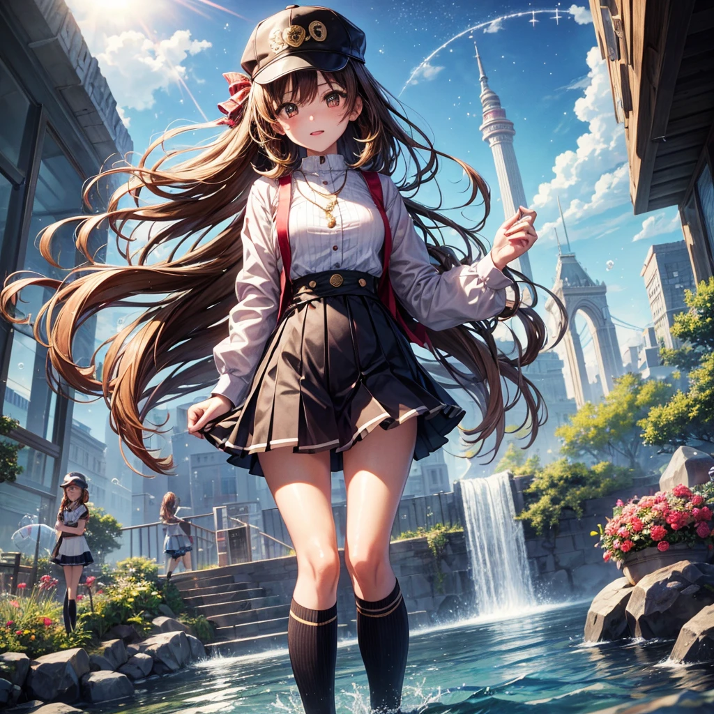 Red, brown, gold, gold hair、Golden Eyes、Hair tied up、One good looking girl、solo、anime、Checkered mini skirt、Ruffles on the skirt、Checked dress、blouse、school uniform、Black knee-high socks、Wearing a baseball cap、Ribbon、Ribbon on waist、Teeth are visible、Silver coin necklace、From above、Cobblestones、waterfall、Starry Sky、Midnight Moon、suspension bridge、Soap bubbles are flying、beam、ripple、Rocks floating in water、Crab walking、Standing still、Eight Towers