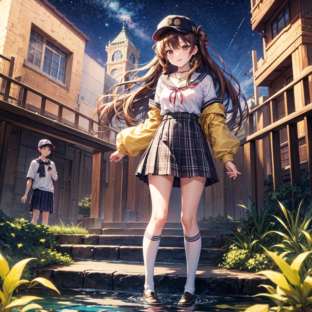 Red, brown, gold, gold hair、Golden Eyes、Hair tied up、One good looking girl、solo、anime、Checkered mini skirt、Ruffles on the skirt、Checked dress、blouse、school uniform、Black knee-high socks、Wearing a baseball cap、Ribbon、Ribbon on waist、Teeth are visible、Silver coin necklace、From above、Cobblestones、waterfall、Starry Sky、Midnight Moon、suspension bridge、Soap bubbles are flying、beam、ripple、Rocks floating in water、Crab walking、Standing still、Eight Towers