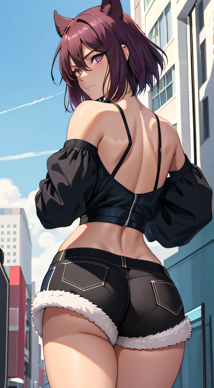 anime screencap, City, 1 girl, Alone, short hair, black fur, purple eyes, mirando al ispectador, hair between the eyes, libidinous, Closed mouth, is, Wide hips, crop top, Short shorts, pantalonis cortos disabotonados, trespass, legs apart, erotica, Back