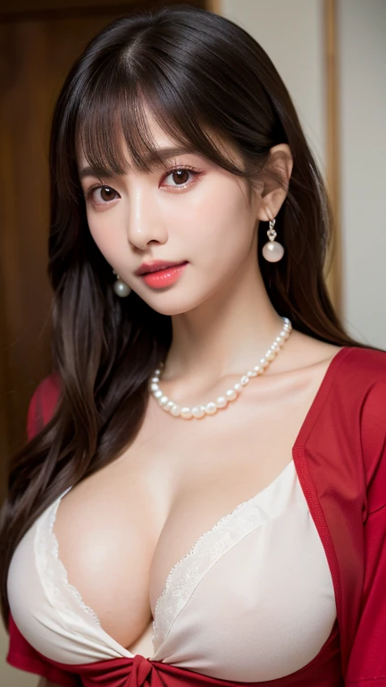 1 Girl, National Foundation, ((8K, born, masterpiece: 1.5)), (Professional photography, sharp:1.2), Perfect dynamic composition, (Natural sunlight), (Soft Shadows), (Perfect body:1.4), (((Thin body type))), ((Huge round breasts: 1.35)), (((((Medium Long Hair,bangs))))), Highly detailed face and skin, The perfect Asian, White skin, (Delicate skin:1.4), (Latex Skin:0.4), (Perfect glowing skin:0.6), Light brown eyes, Beautiful Eyes, Round eyes, Pretty face, blush, Glossy Lips, ((Fuller lips)), Sparkling Eyes, Really moisturized skin, looking at the camera, Elegant pearl necklace, Elegant earrings, Minimalist, (((Red Shirt Dress))) 