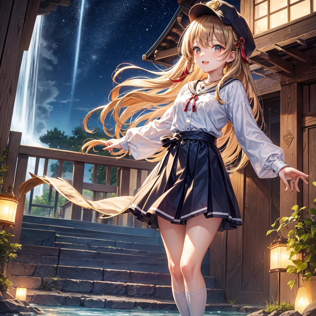 Red, brown, gold, gold hair、Golden Eyes、Hair tied up、One good looking girl、solo、anime、Checkered mini skirt、Ruffles on the skirt、Checked dress、blouse、school uniform、Black knee-high socks、Wearing a baseball cap、Ribbon、Ribbon on waist、Teeth are visible、Silver coin necklace、From above、Cobblestones、waterfall、Starry Sky、Midnight Moon、suspension bridge、Soap bubbles are flying、beam、ripple、Rocks floating in water、Crab walking、Standing still、Hands behind your back