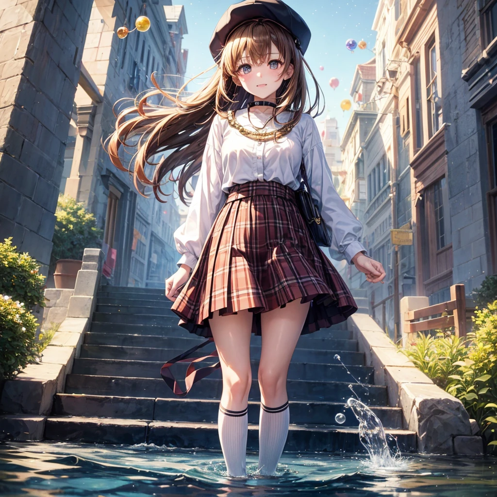 Red, brown, gold, gold hair、Golden Eyes、Hair tied up、One good looking girl、solo、anime、Checkered mini skirt、Ruffles on the skirt、Checked dress、blouse、school uniform、Black knee-high socks、Wearing a baseball cap、Ribbon、Ribbon on waist、Teeth are visible、Silver coin necklace、From above、Cobblestones、waterfall、Starry Sky、Midnight Moon、suspension bridge、Soap bubbles are flying、beam、ripple、Rocks floating in water、Crab walking、Standing still、Eight Towers