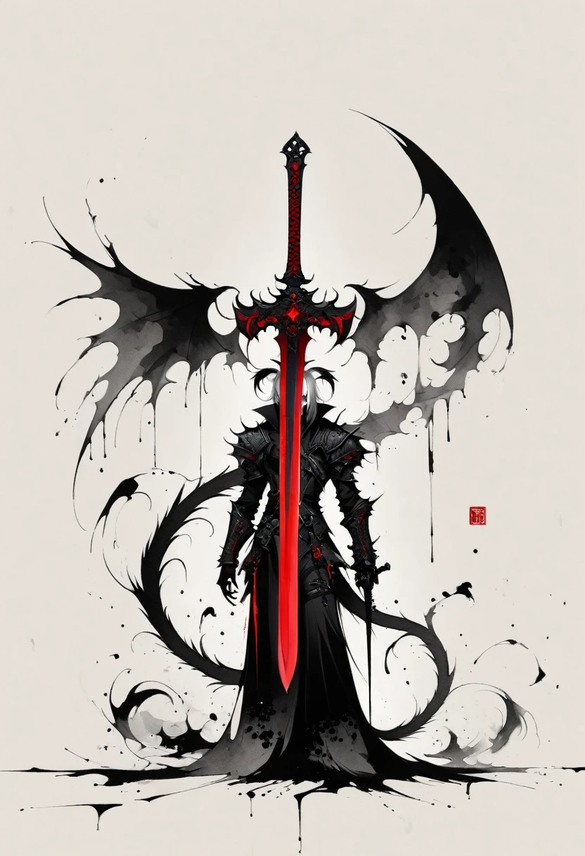 Double tail,blood sword,Gothic,Minimalism,Lineism,Lots of white space,Ink Painting,abstract,