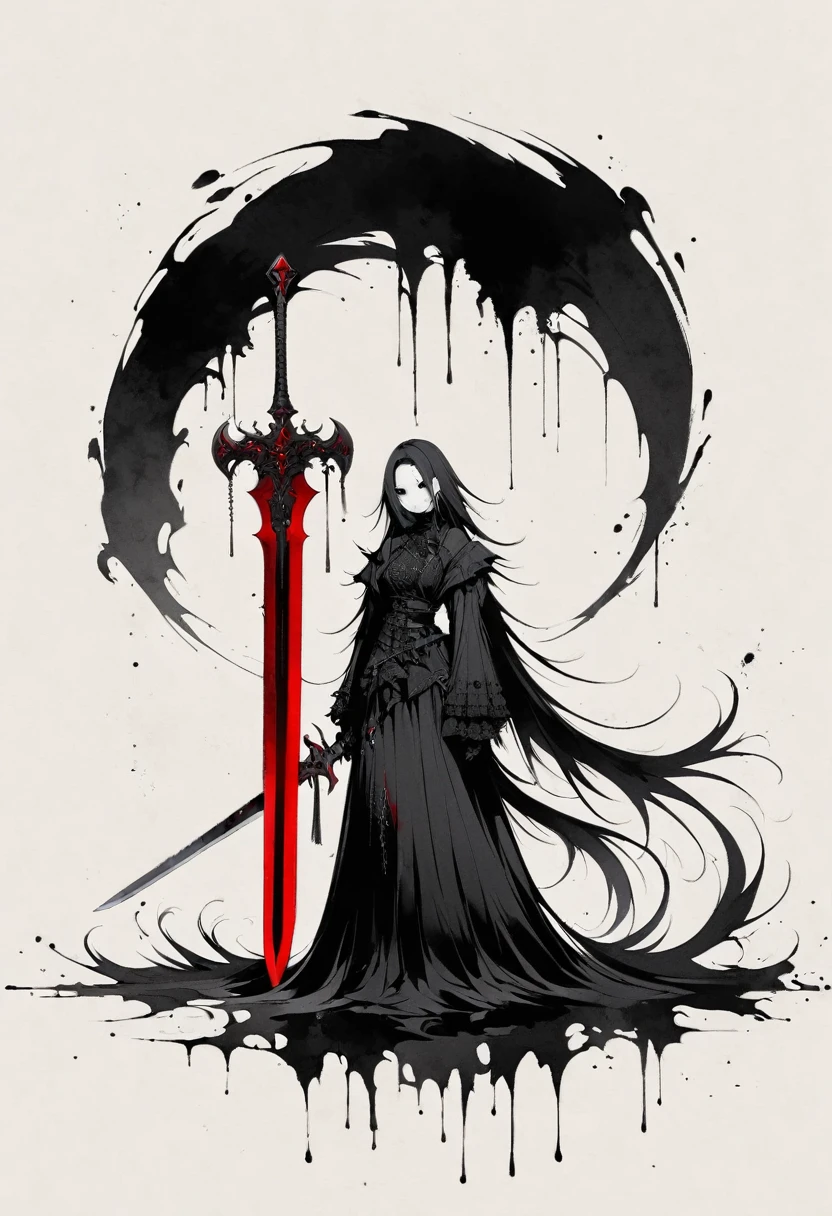 Double tail,blood sword,Gothic,Minimalism,Lineism,Lots of white space,Ink Painting,abstract,