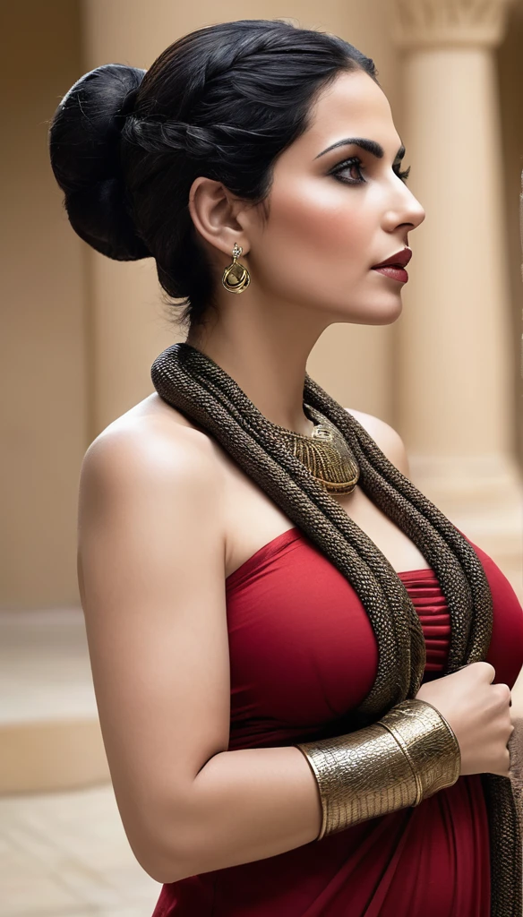 Merfertiti, Femme mature ( 30 ans) enceinte, avec une peau de serpent, un corps très sexy , corps maternelle, a l'Égypte antique, a une grosse poitrine, dans un temple égyptien, porte une robe rouge et maron couleur sable, moule le corps, vêtements transparent, femme avec de long cheveux noirs orné de nombreux bijoux, très enceintes, sa poitrine est gonflé par du lait, a des crochets de serpent visible, elle sourit, avec des yeux doré a pupilles reptilienne, une femme serpent
