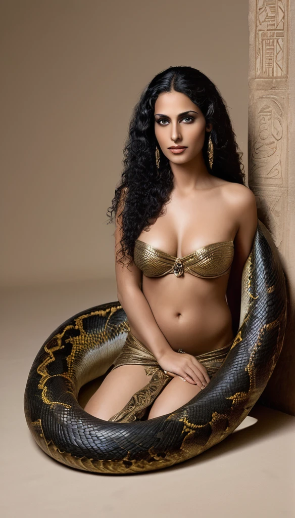 Merfertiti, Femme mature ( 30 ans) enceinte, avec une peau de serpent, un corps très sexy , corps maternelle, a l'Égypte antique, a une grosse poitrine, dans un temple égyptien, porte une robe rouge et maron couleur sable, moule le corps, vêtements transparent, femme avec de long cheveux noirs orné de nombreux bijoux, très enceintes, sa poitrine est gonflé par du lait, a des crochets de serpent visible, elle sourit,  avec des yeux doré a pupilles reptilienne, une femme serpent