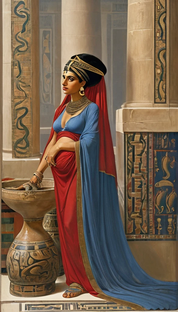 Merfertiti, Femme mature ( 30 ans) enceinte, avec une peau de serpent, un corps très sexy , corps maternelle, a l'Égypte antique, a une grosse poitrine, dans un temple égyptien, porte une robe rouge et maron couleur sable, moule le corps, vêtements transparent, femme avec de long cheveux noirs orné de nombreux bijoux, très enceintes, sa poitrine est gonflé par du lait, a des crochets de serpent visible, elle sourit,  avec des yeux doré a pupilles reptilienne, une femme serpent