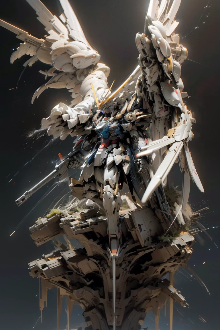 ((masterpiece, highest quality, Highest image quality, High resolution, photorealistic, Raw photo, 8K)), ((Extremely detailed CG unified 8k wallpaper)), Wing gundam zero, They spread their wings and soar over the ruined city,