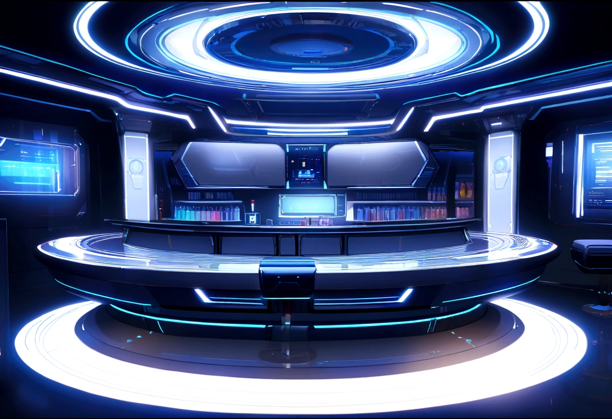 The bar table is designed in a futuristic, modern and technological style, with blue LED strips and a white bar