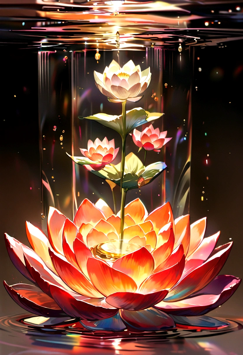 enlightened mind, Red tones from orange to gold. About the Rainbow Colored Lotus Spiritual Flower, And floats in transparency, transparent water, Golden gradient background with light transparency. Golden energy flows from the core of the flower.