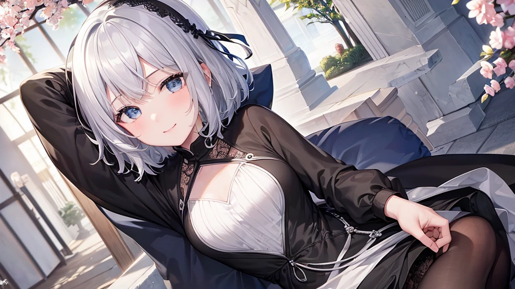 Ultra HD,Look at the viewers, Put your hands behind your back, With a girl, 20-year-old, 非常にShort Hair, Long bangs between the eyes, Pale blue eyes, Very detailed,(masterpiece、Highest quality),Gray Hair、Laughter、Fantastic, Silver Hair, Iris, Short hair、 Fluttering Hair、Small Face、明るいsmile、(Detailed face) ,Professional Lighting,Wonderful landscape,blue sky, sunlight,Looking down from above,Portraiture、Open your mouth、Flower Field、Her eyes were shining、Mysterious and enchanting atmosphere。With AI Painting、とてもShort Hair, Long bangs between the eyes, Very detailed,(masterpiece、Highest quality)、alone、Gray Hair、Fantasy, Silver Hair, Fantasyな風景、White shirt、smile、Open your mouth、short hair、Short Hair、hairpin、black eye、Grey Eyes、Beautiful Eyes、