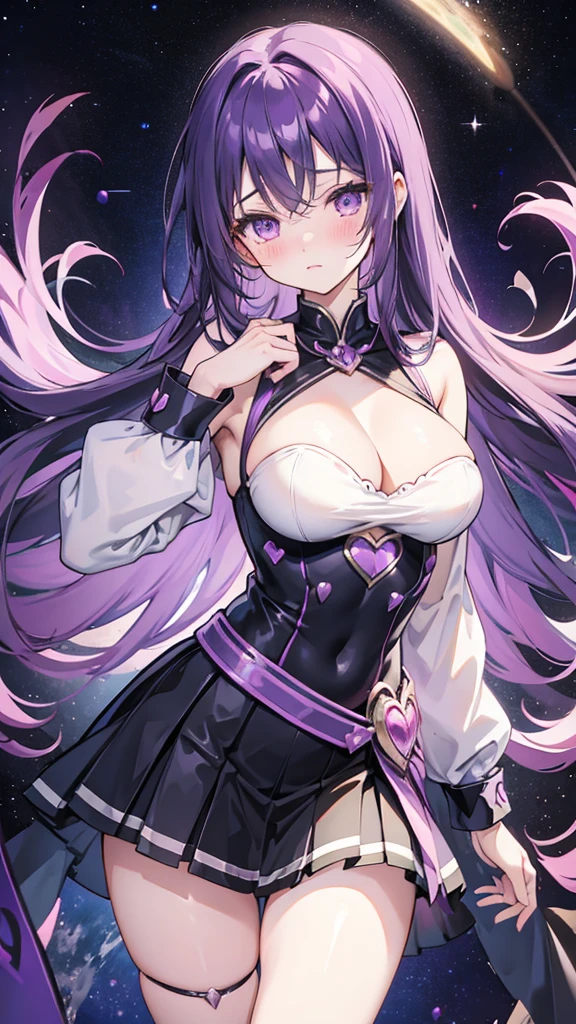 Magical girl　Black costume　mini skirt　Purple long hair　Great style　Large breasts　blush　Embarrassed　universe space