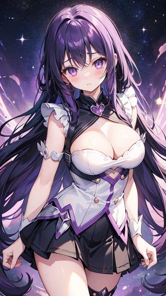 Magical girl　Black costume　mini skirt　Purple long hair　Great style　Large breasts　blush　Embarrassed　universe space