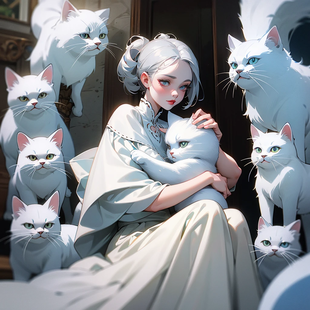 A gray-haired girl with very white skin and very red lips, wearing a white dress with blue embroidery, who is hugging a white Persian cat with black spots.