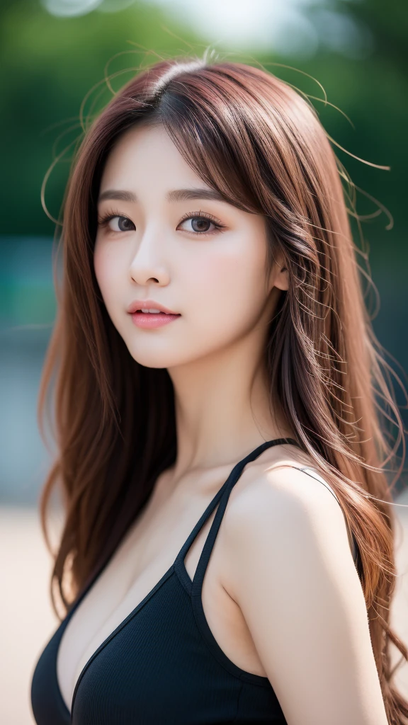 extreme close-up of beautiful korean female, 34 inch breasts size, wavy medium hair, wearing black and pink sport br, at outdoor gym, bokeh background, UHD